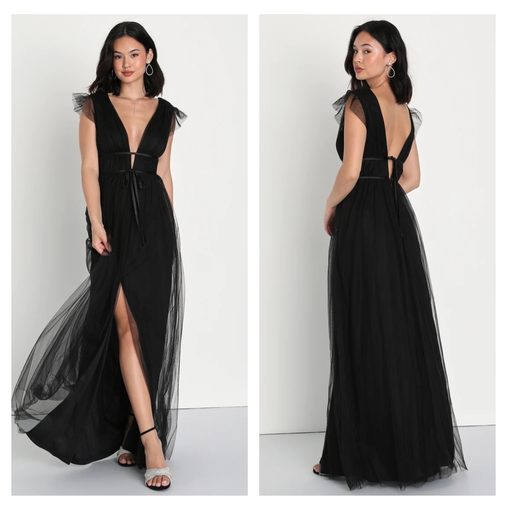 Lulu's Black Tulle Maxi Dress with Deep V & Open Back